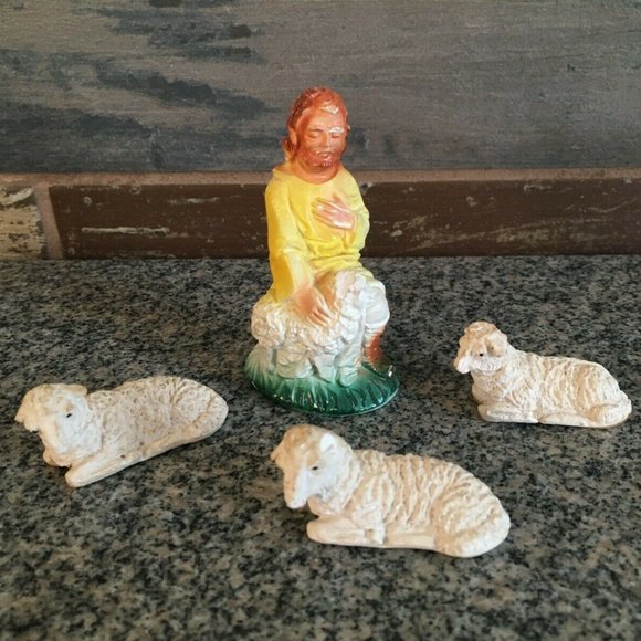 Vintage Mid-Century Chalk Chalk Ware Shepherd & Three Sheep - Picture 1 of 7